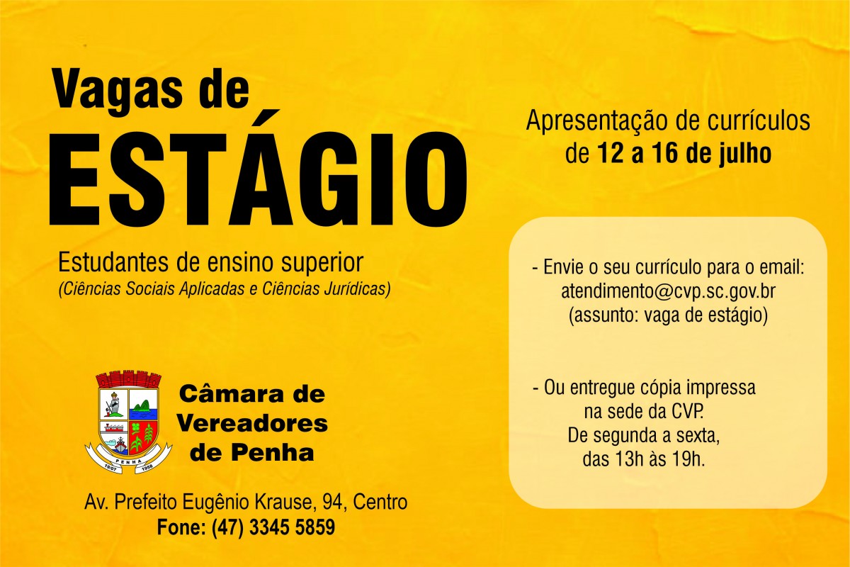 Câmara de Vereadores de Penha abre vagas de estágio Câmara de Vereadores de Penha abre vagas de estágio