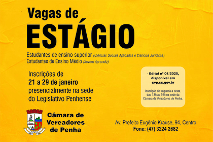 Câmara de Penha abre processo seletivo para vagas de estágio